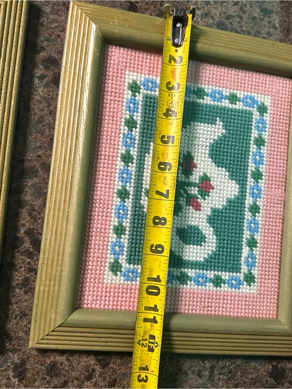 Vtg Framed Needlepoint Wall Art Set Teapot Coffeepot Pink Gold 10.25x12.25”